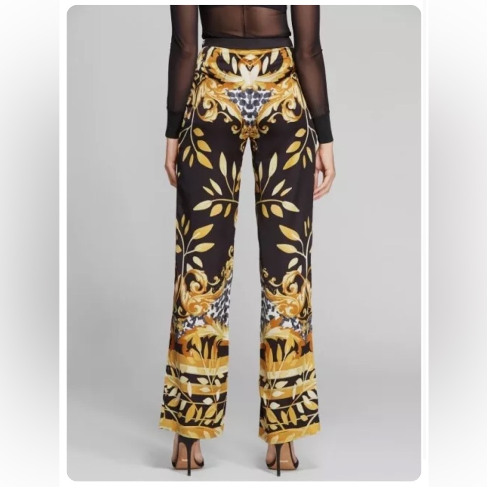 Black Gold Patterned High Waist Silky Pants - Size M
